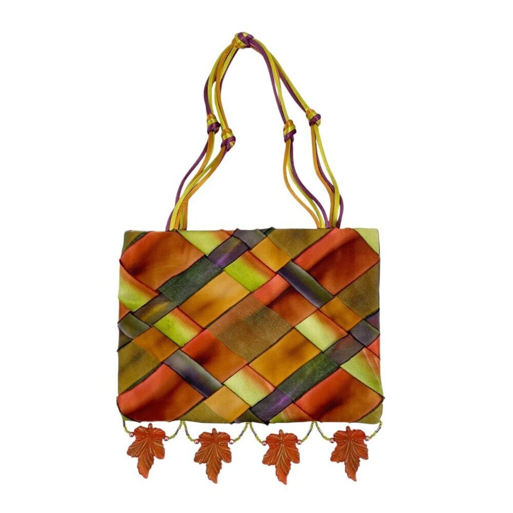 Courtney Taylor Satin Woven Acrylic Leaf Fall Art to Wear Mini Purse Satchel